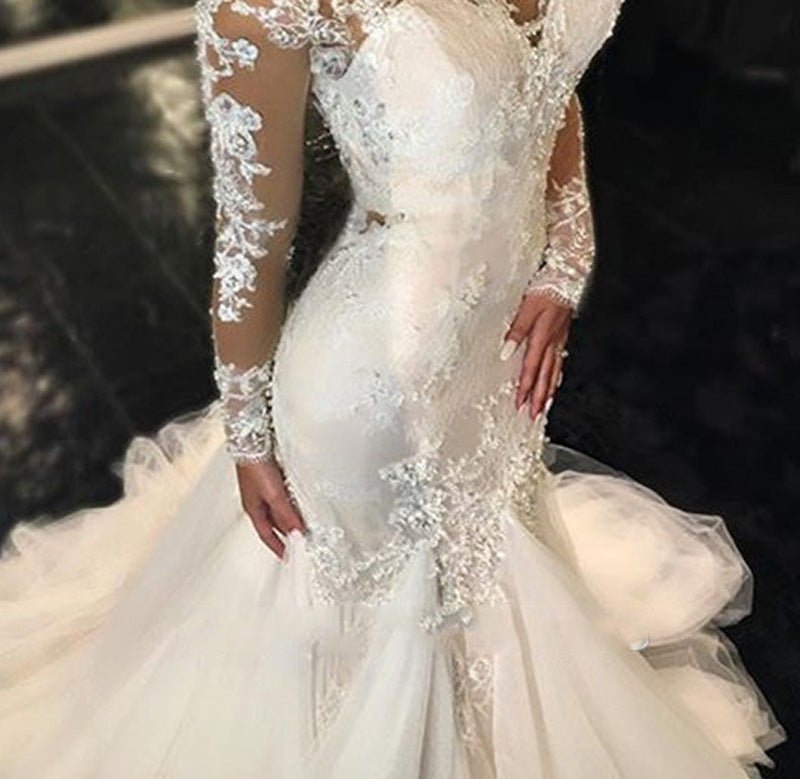 Trailing White Temperament Is Thin And Long Lace Wedding Dress - Luzilly Bridal & Apparel