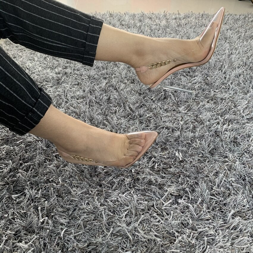 Transparent Pumps Women Sexy Pointed Toe Chain Design Crystal Heel Ladies Shoes Stiletto High Heels Wedding Dress Shoes Woman - Luzilly Bridal & Apparel