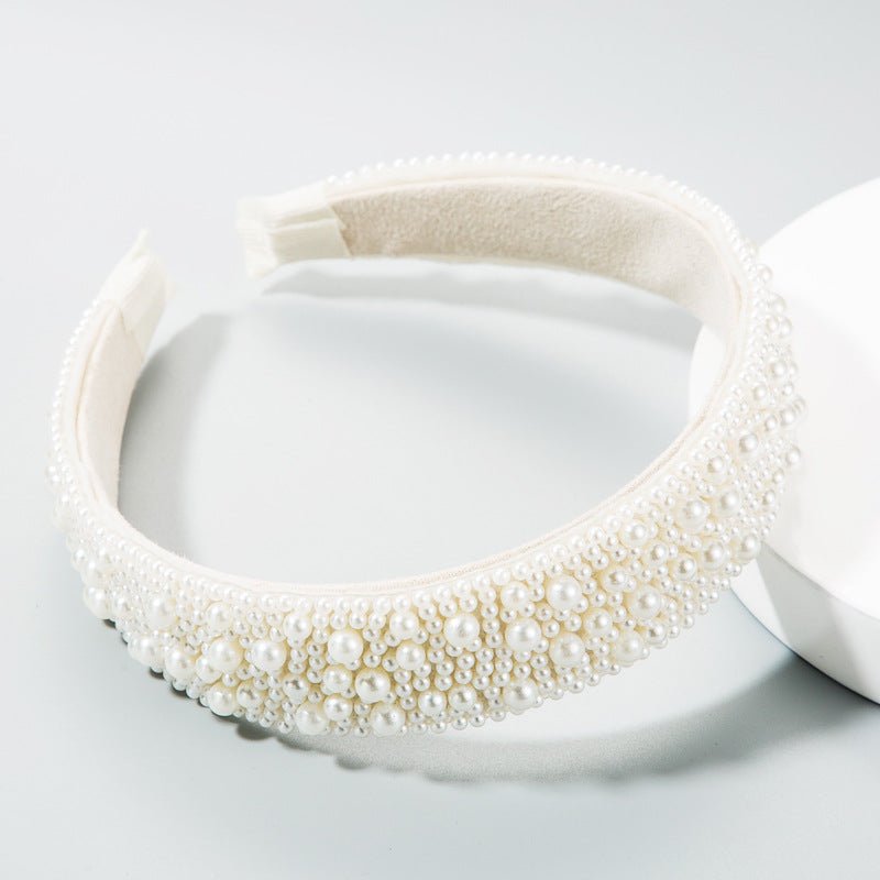 Trend Light Luxury Pearl Headband Hair Accessories Bride Retro Headwear Hand-Sewn Sponge Wide-Brimmed Headband - Luzilly Bridal & Apparel