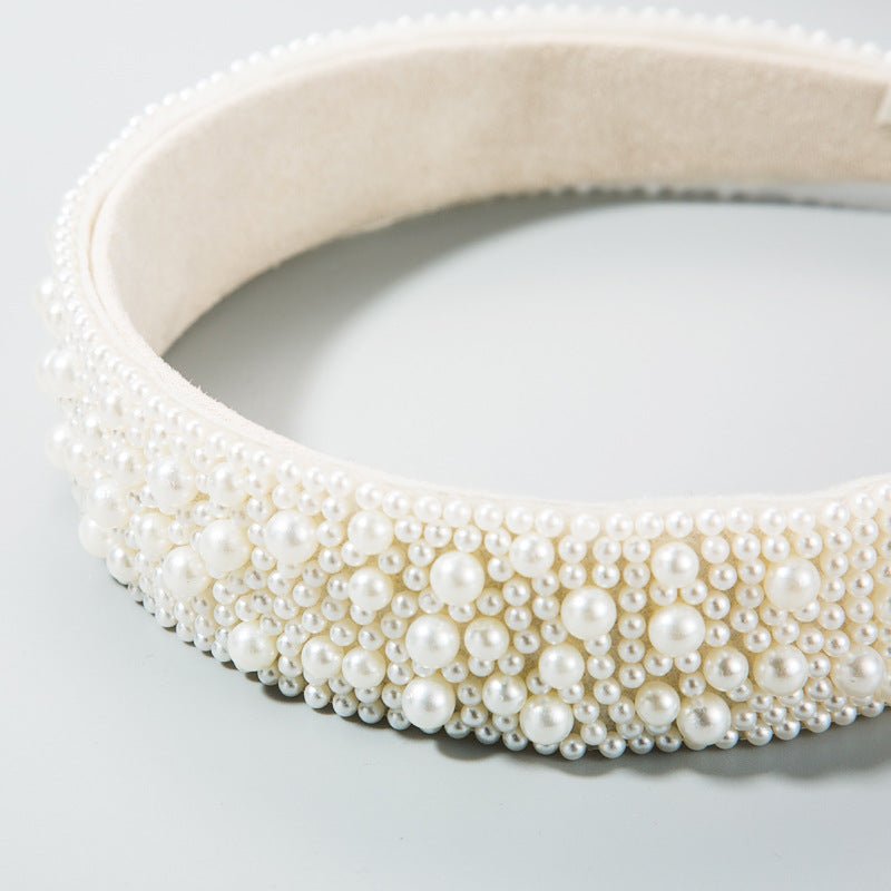 Trend Light Luxury Pearl Headband Hair Accessories Bride Retro Headwear Hand-Sewn Sponge Wide-Brimmed Headband - Luzilly Bridal & Apparel