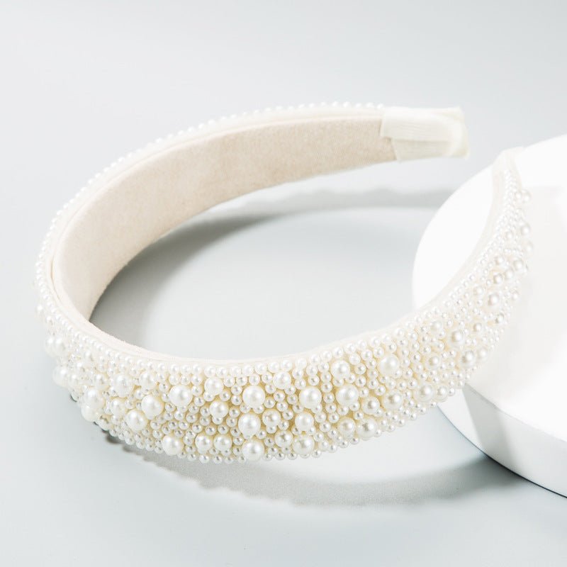 Trend Light Luxury Pearl Headband Hair Accessories Bride Retro Headwear Hand-Sewn Sponge Wide-Brimmed Headband - Luzilly Bridal & Apparel