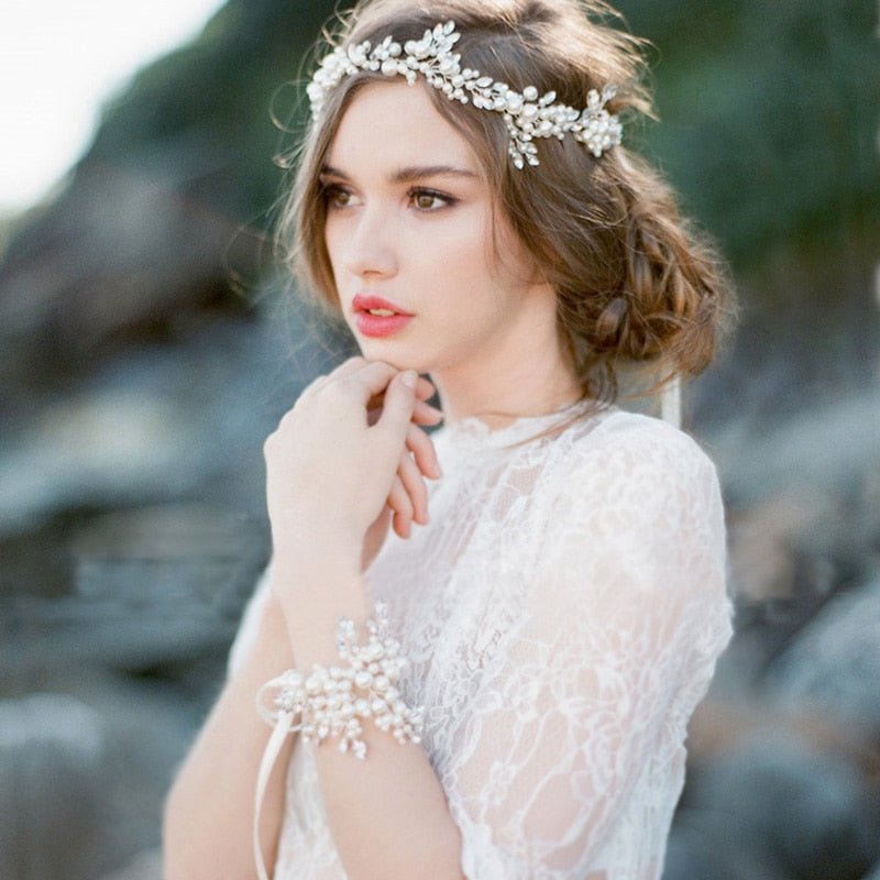 Trendy Silver Crystal Pearl Wedding Headband tiara For Bride Hair Accessories Handmade Pearl Bracelet Women Hiar Jewelry FD422 - Luzilly Bridal & Apparel