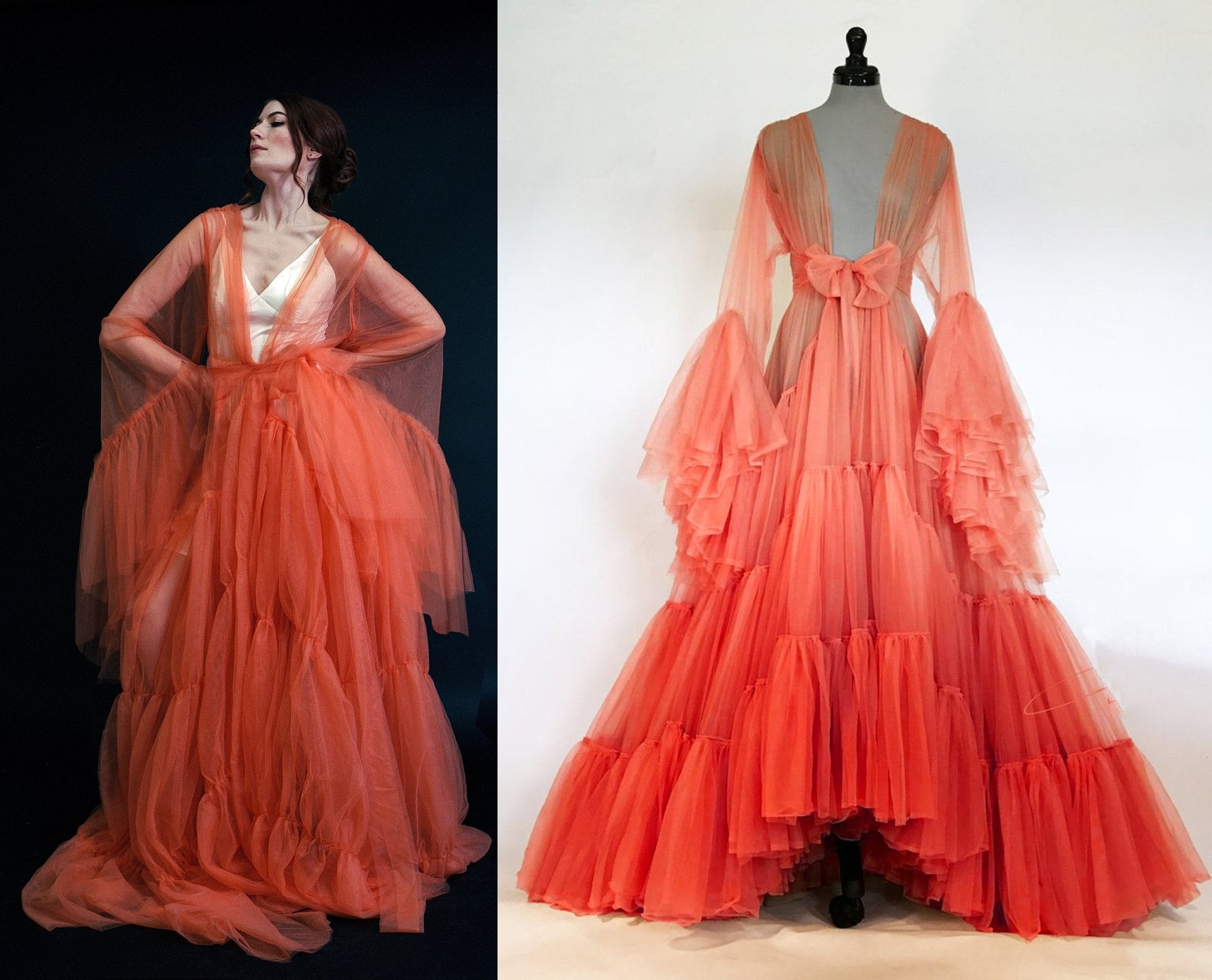 Tulle Ruffled Sleeves Layered Fringe Long Robe Dress - Luzilly Bridal & Apparel