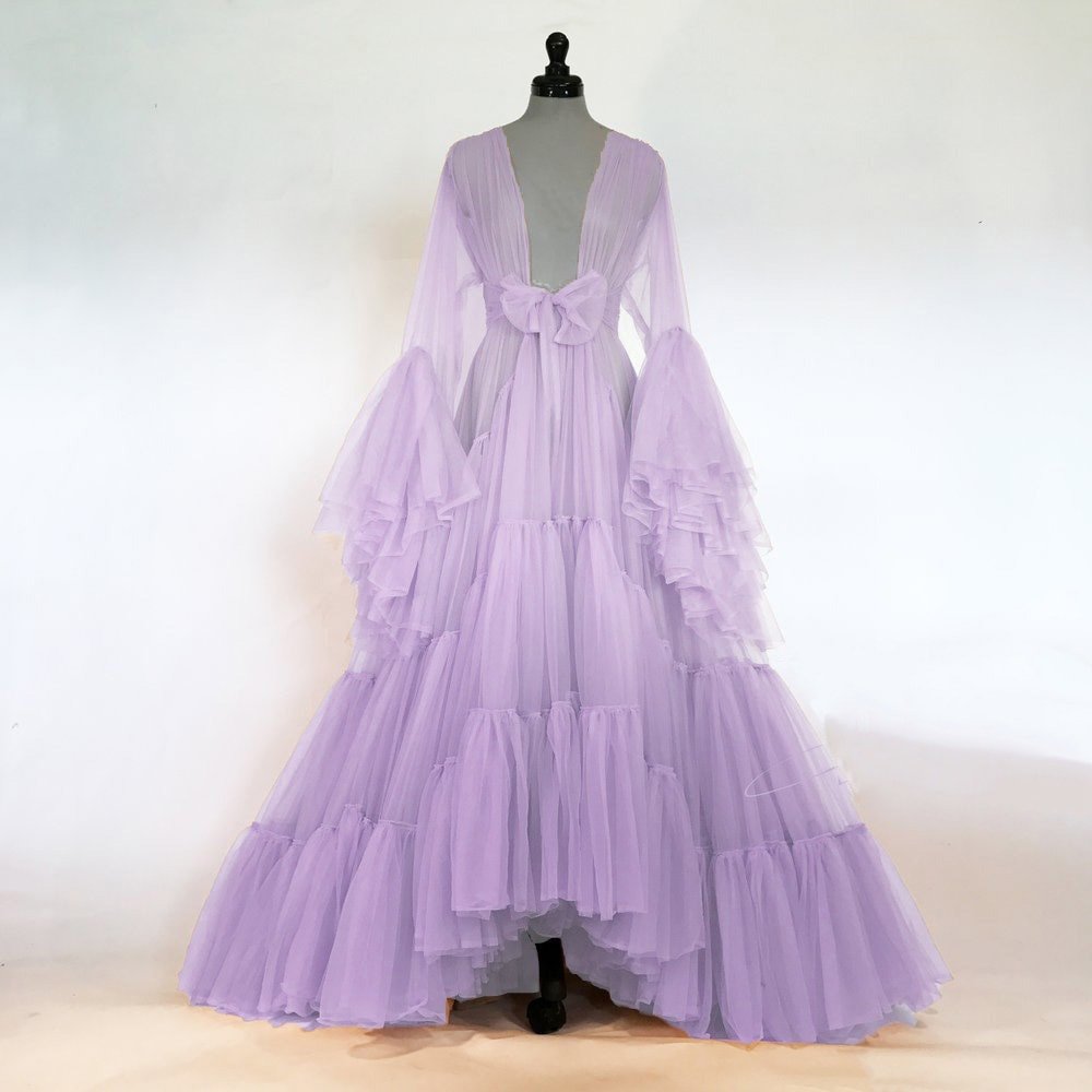 Tulle Ruffled Sleeves Layered Fringe Long Robe Dress - Luzilly Bridal & Apparel