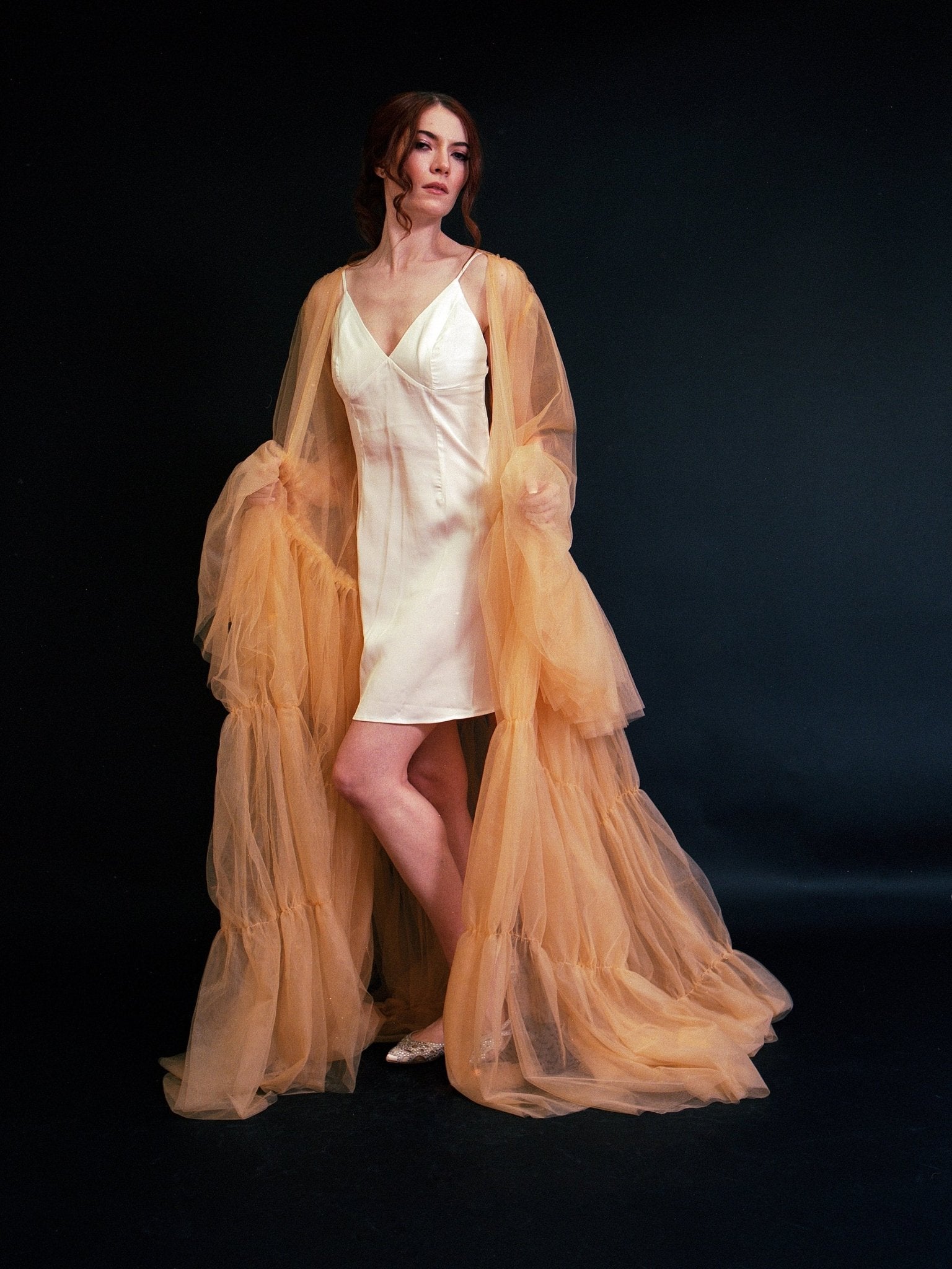 Tulle Ruffled Sleeves Layered Fringe Long Robe Dress - Luzilly Bridal & Apparel