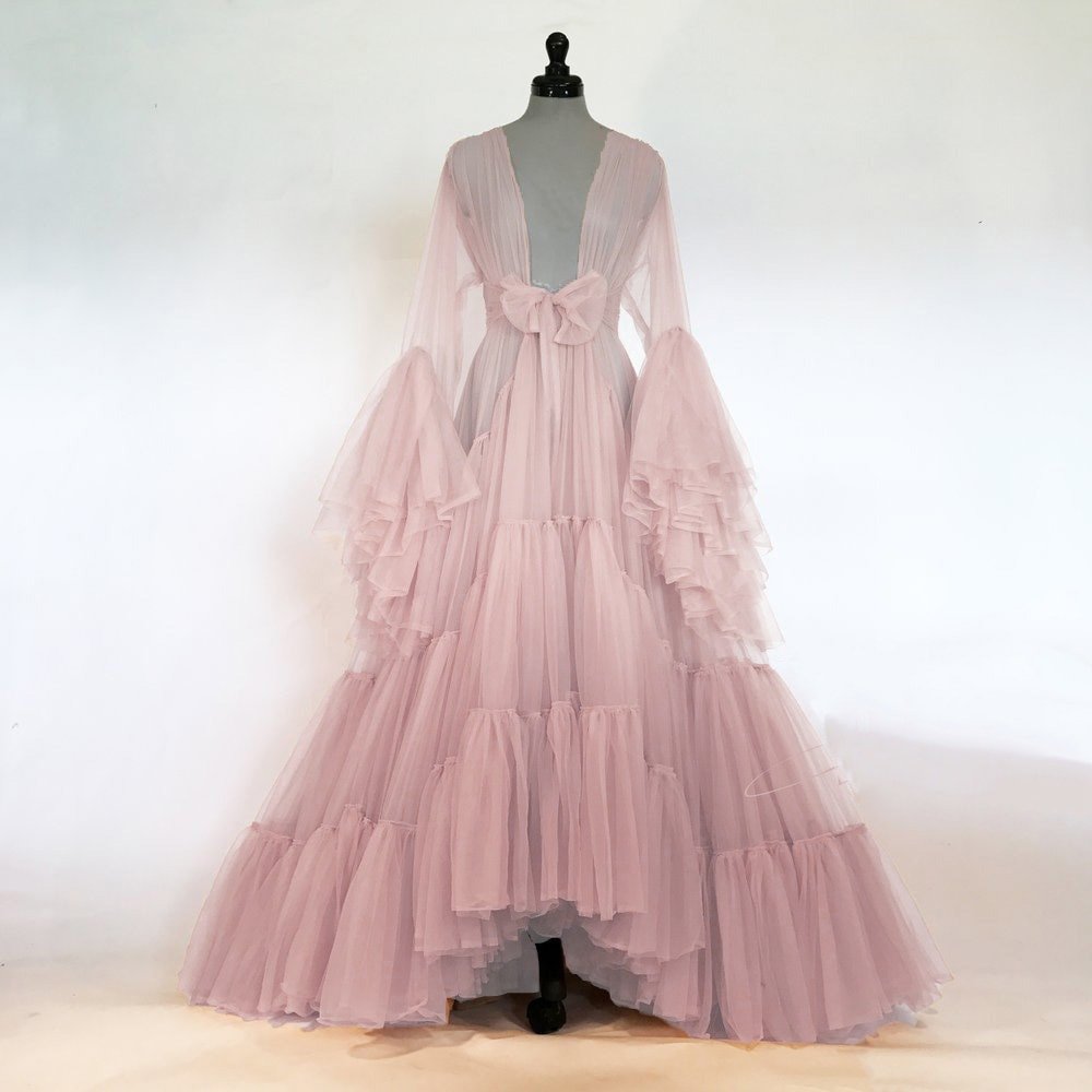 Tulle Ruffled Sleeves Layered Fringe Long Robe Dress - Luzilly Bridal & Apparel