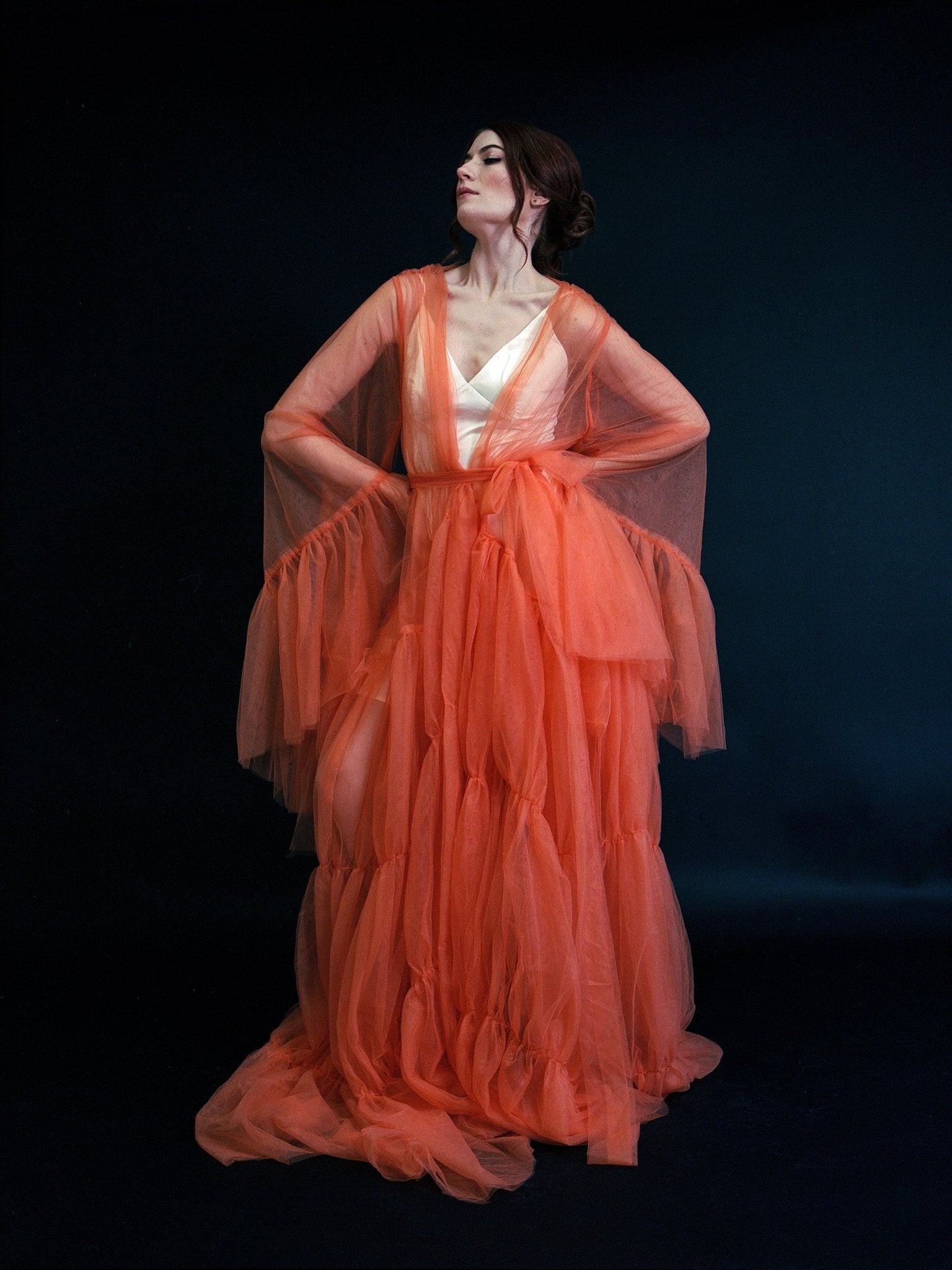 Tulle Ruffled Sleeves Layered Fringe Long Robe Dress - Luzilly Bridal & Apparel