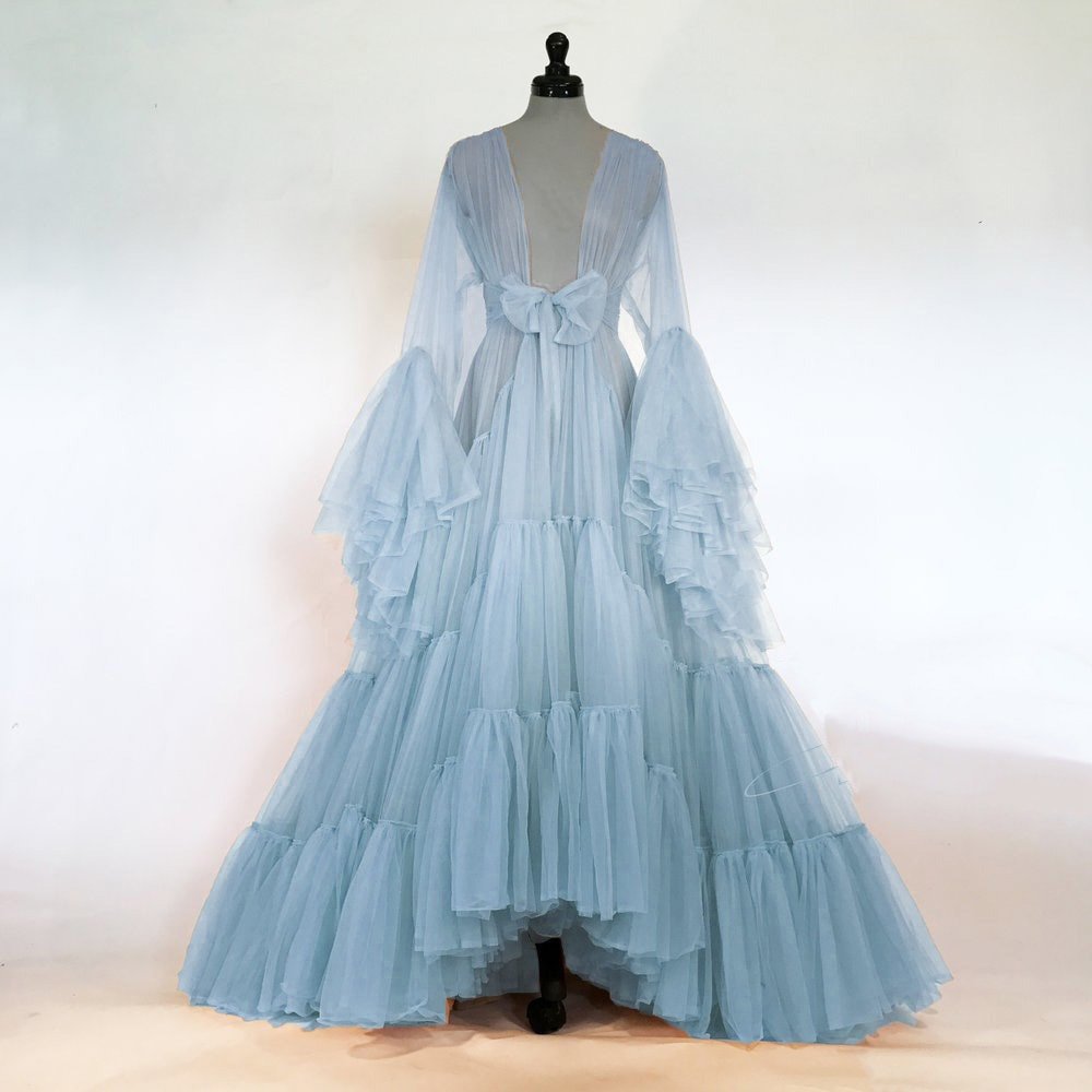 Tulle Ruffled Sleeves Layered Fringe Long Robe Dress - Luzilly Bridal & Apparel