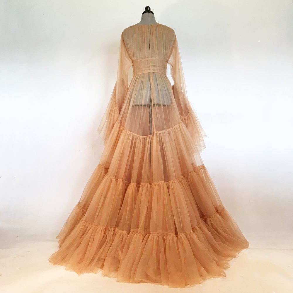 Tulle Ruffled Sleeves Layered Fringe Long Robe Dress - Luzilly Bridal & Apparel