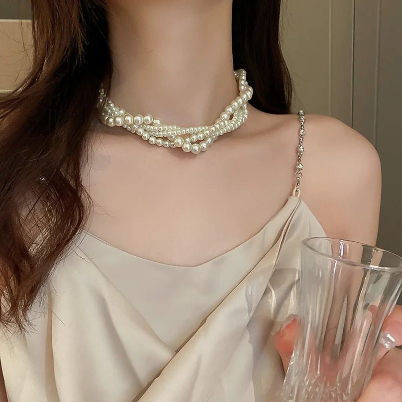 Twining Pearl Choker Necklaces for Women Geometric Necklaces Weddings Bride Jewelry Accessories - Luzilly Bridal & Apparel
