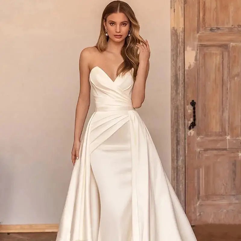 Two-in-One Satin Mermaid Wedding Gown with Detachable Train - Luzilly Bridal & Apparel