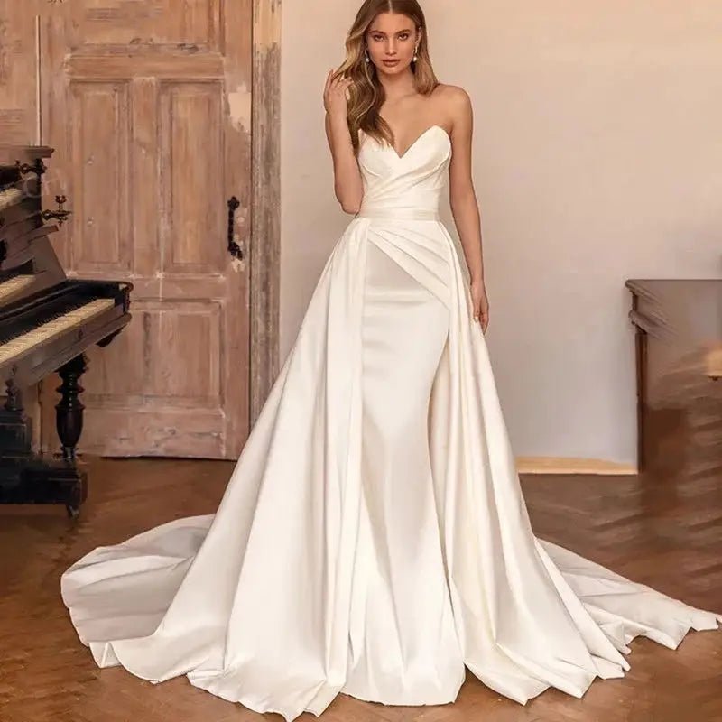 Two-in-One Satin Mermaid Wedding Gown with Detachable Train - Luzilly Bridal & Apparel