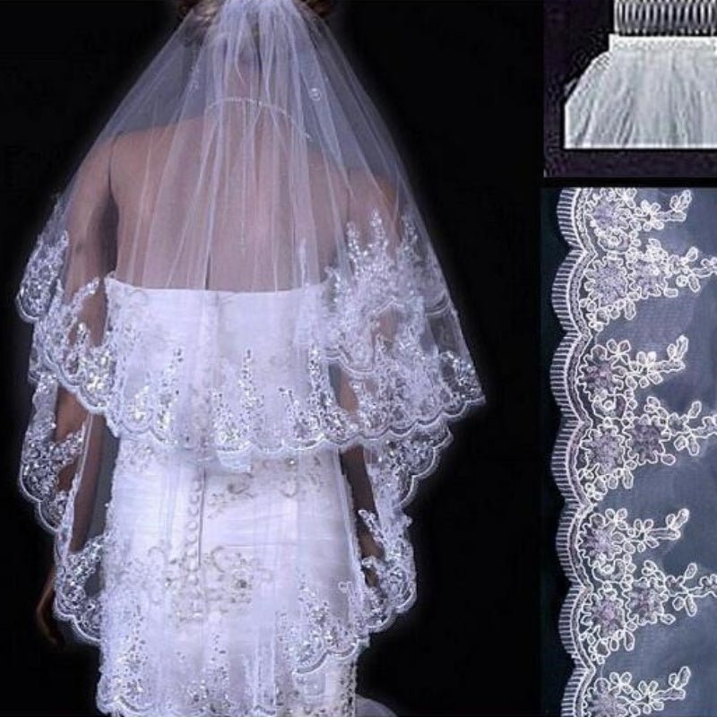 Two-Layer Sequined Veil with Comb - Luzilly Bridal & Apparel