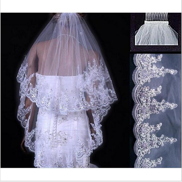 Two-layer Sequined Lace With Combed Bridal Veil - Luzilly Bridal & Apparel