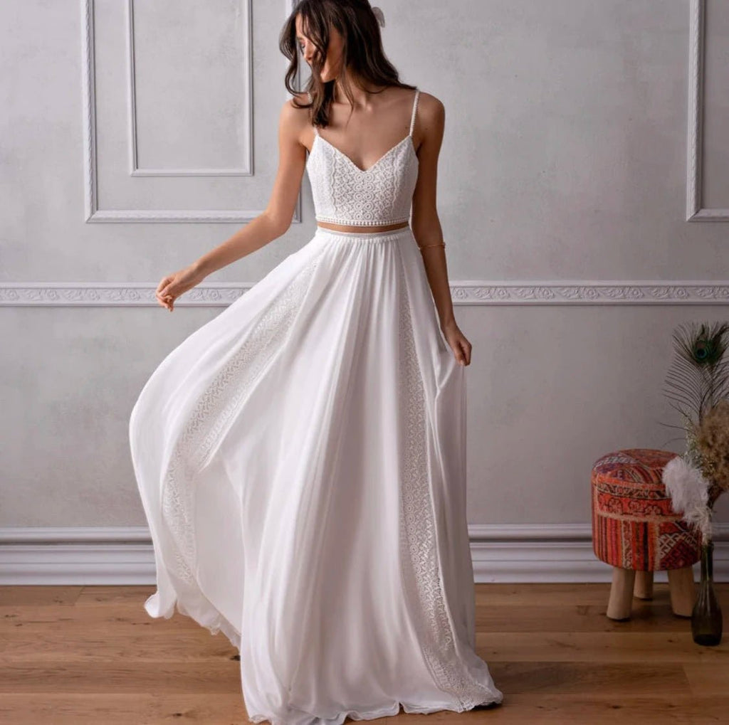 Two-Piece Boho A-Line Wedding Gown with Spaghetti Straps - Luzilly Bridal & Apparel