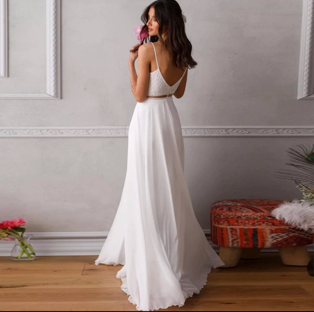 Two-Piece Boho A-Line Wedding Gown with Spaghetti Straps - Luzilly Bridal & Apparel