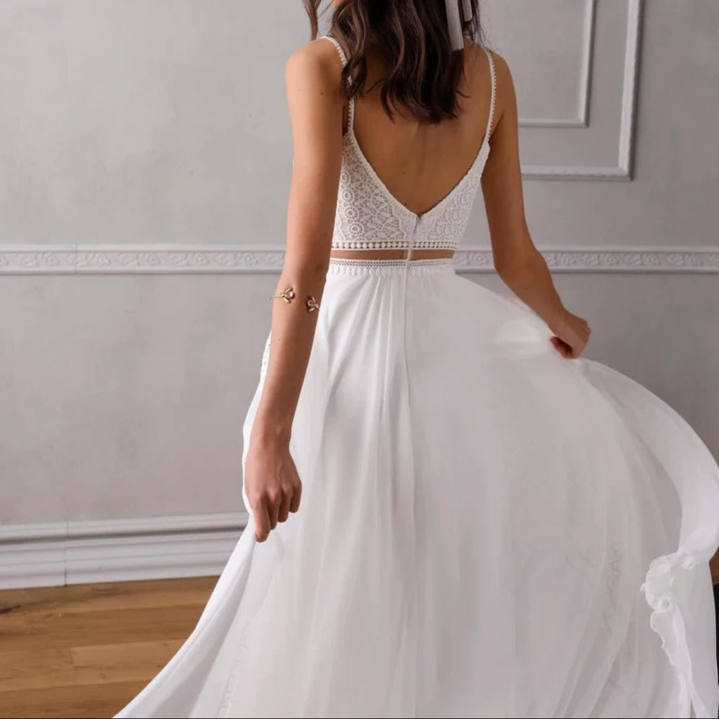 Two-Piece Boho A-Line Wedding Gown with Spaghetti Straps - Luzilly Bridal & Apparel