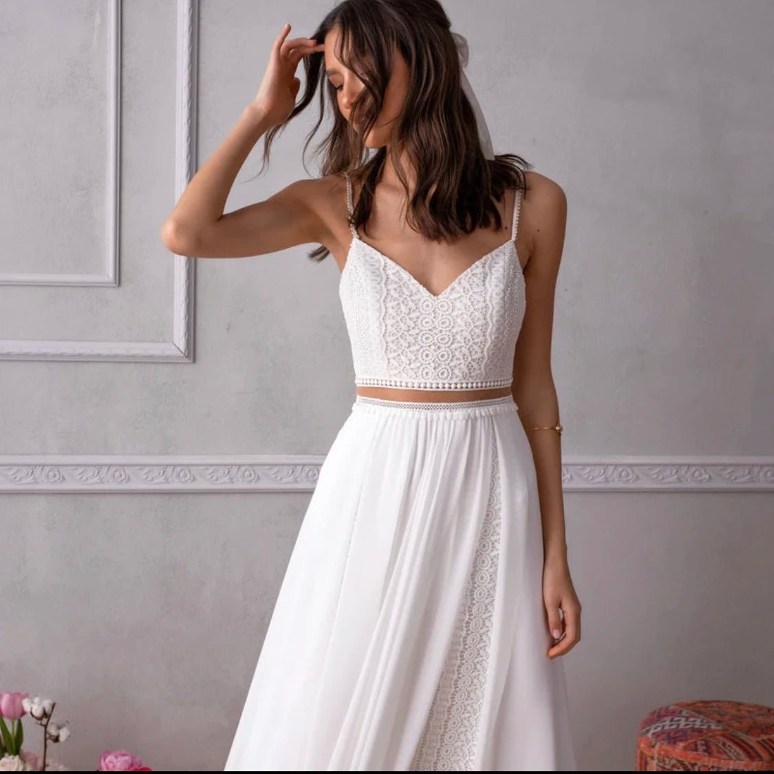 Two-Piece Boho A-Line Wedding Gown with Spaghetti Straps - Luzilly Bridal & Apparel