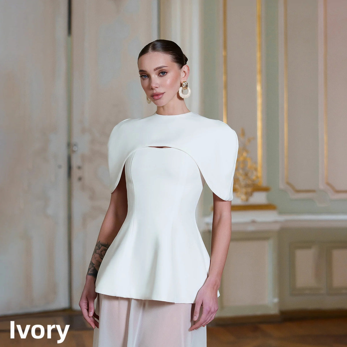 Two-Piece Cape Collar Peplum Bridal Gown - Luzilly Bridal & Apparel
