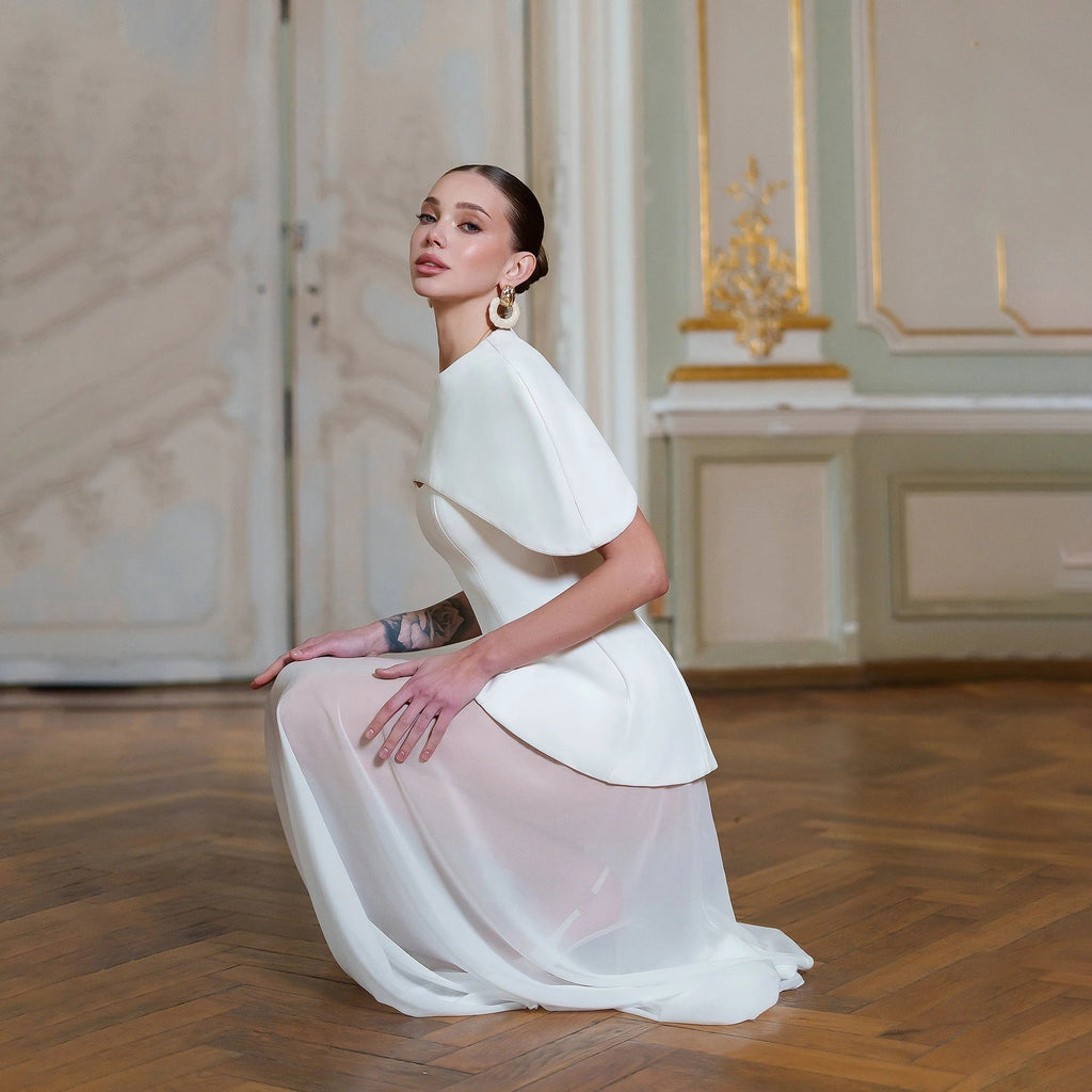 Two-Piece Cape Collar Peplum Bridal Gown - Luzilly Bridal & Apparel