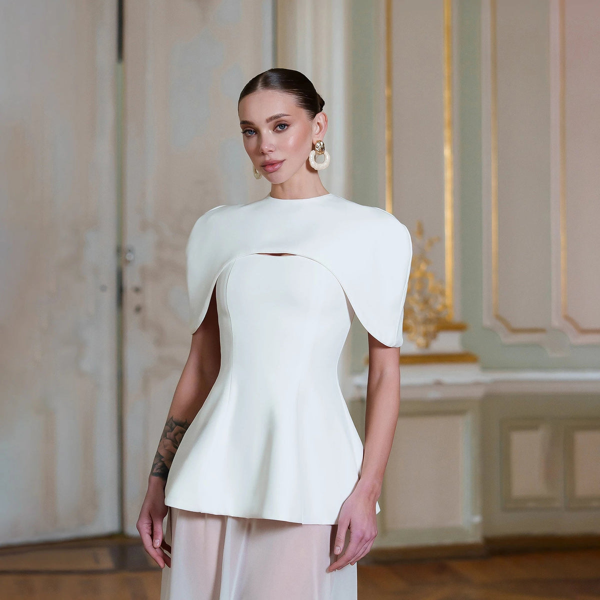 Two-Piece Cape Collar Peplum Bridal Gown - Luzilly Bridal & Apparel