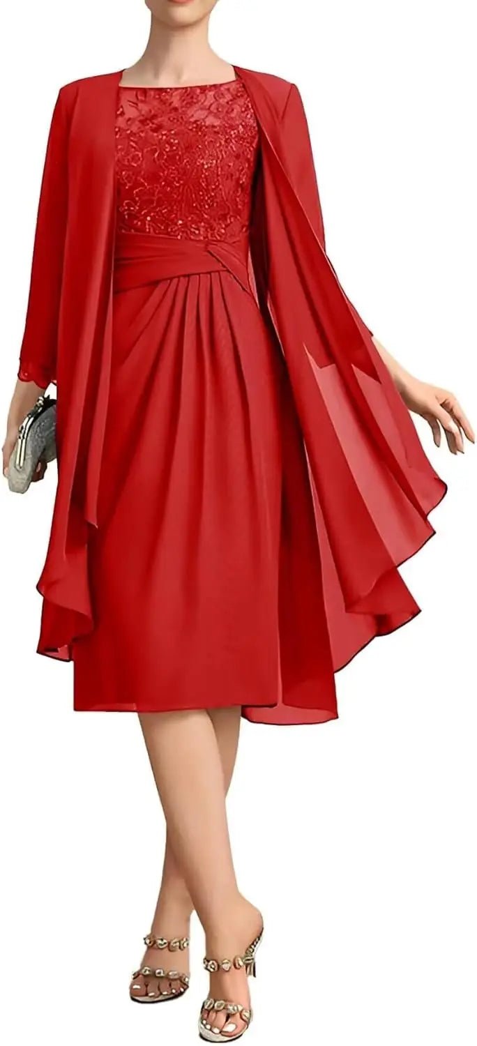 Two-Piece Chiffon Lace Tea-Length Mother of the Bride Dress - Luzilly Bridal & Apparel
