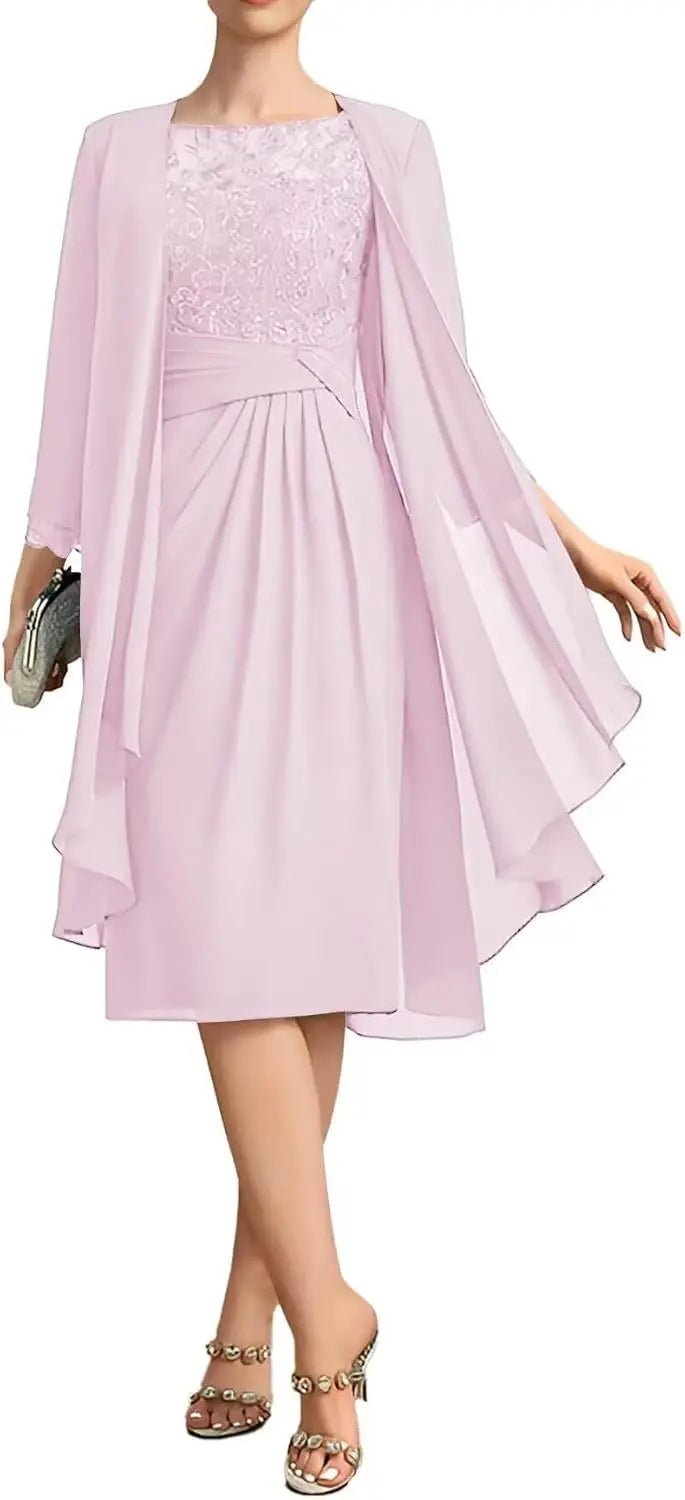 Two-Piece Chiffon Lace Tea-Length Mother of the Bride Dress - Luzilly Bridal & Apparel