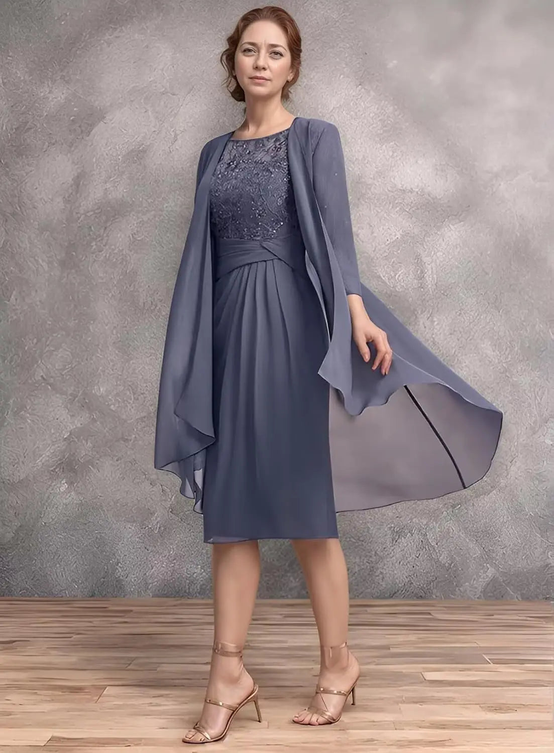Two-Piece Chiffon Lace Tea-Length Mother of the Bride Dress - Luzilly Bridal & Apparel