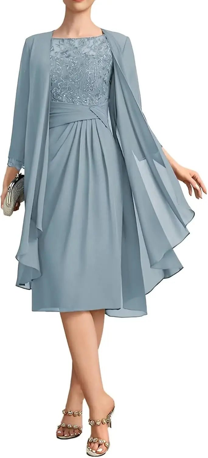 Two-Piece Chiffon Lace Tea-Length Mother of the Bride Dress - Luzilly Bridal & Apparel