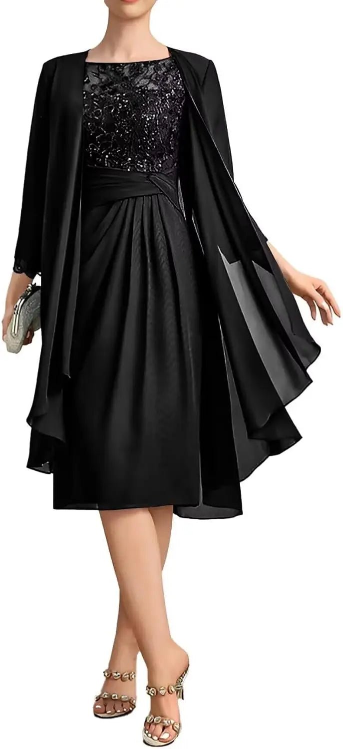 Two-Piece Chiffon Lace Tea-Length Mother of the Bride Dress - Luzilly Bridal & Apparel