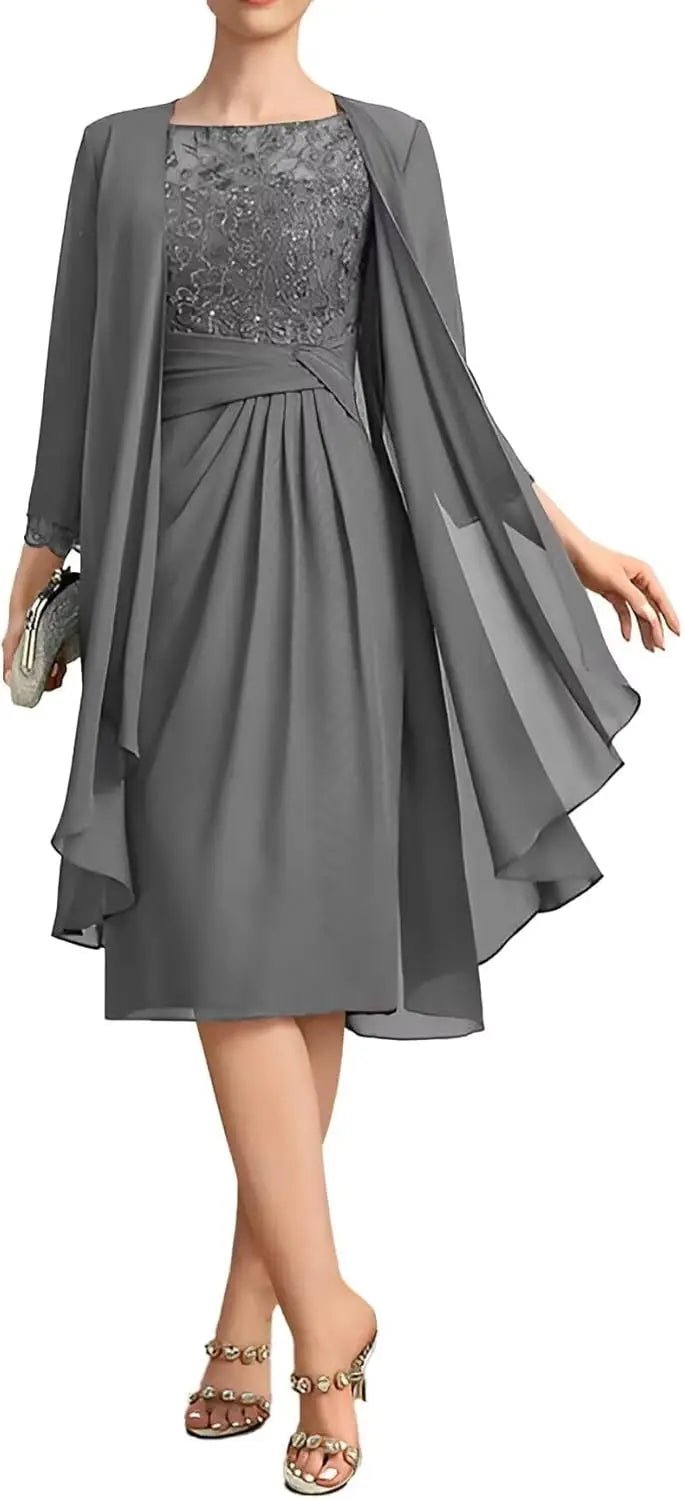 Two-Piece Chiffon Lace Tea-Length Mother of the Bride Dress - Luzilly Bridal & Apparel
