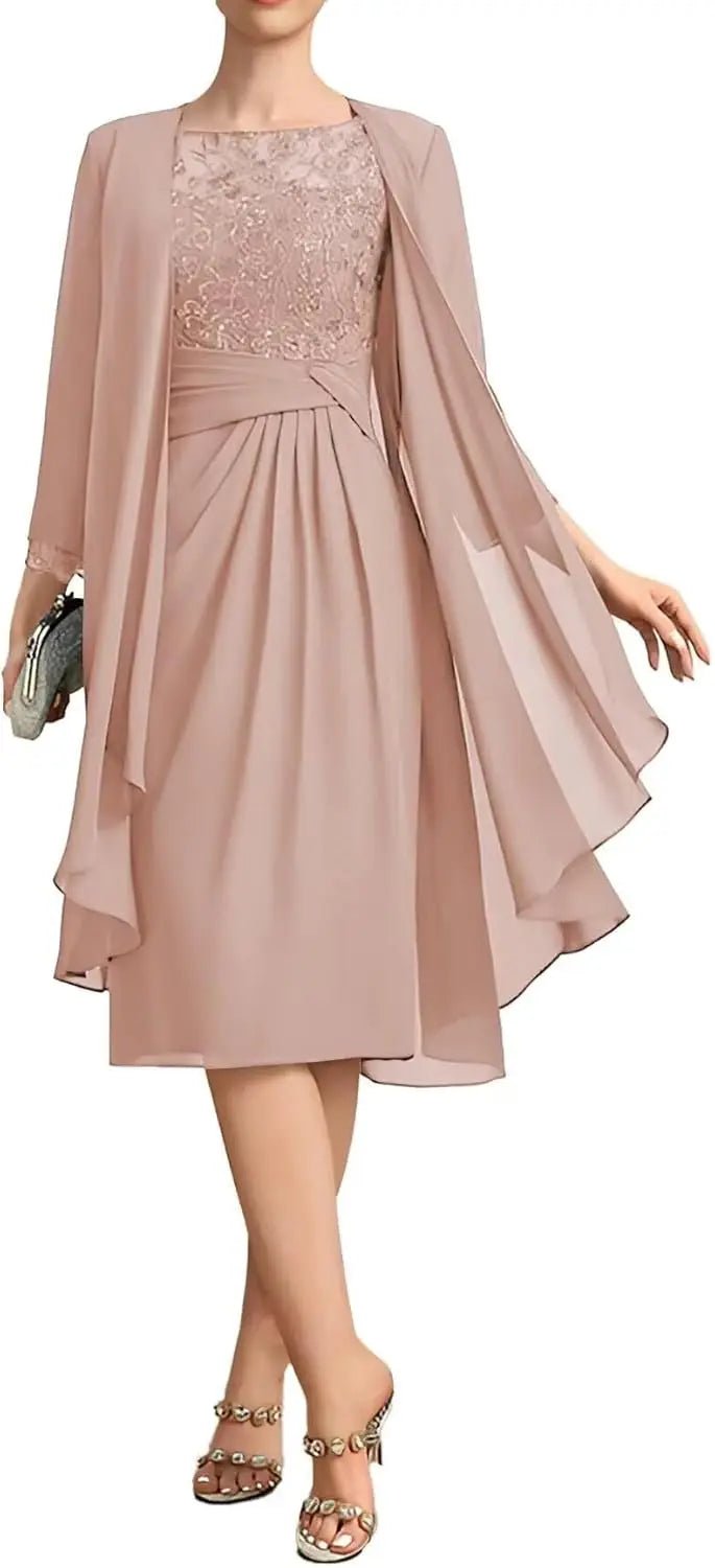 Two-Piece Chiffon Lace Tea-Length Mother of the Bride Dress - Luzilly Bridal & Apparel