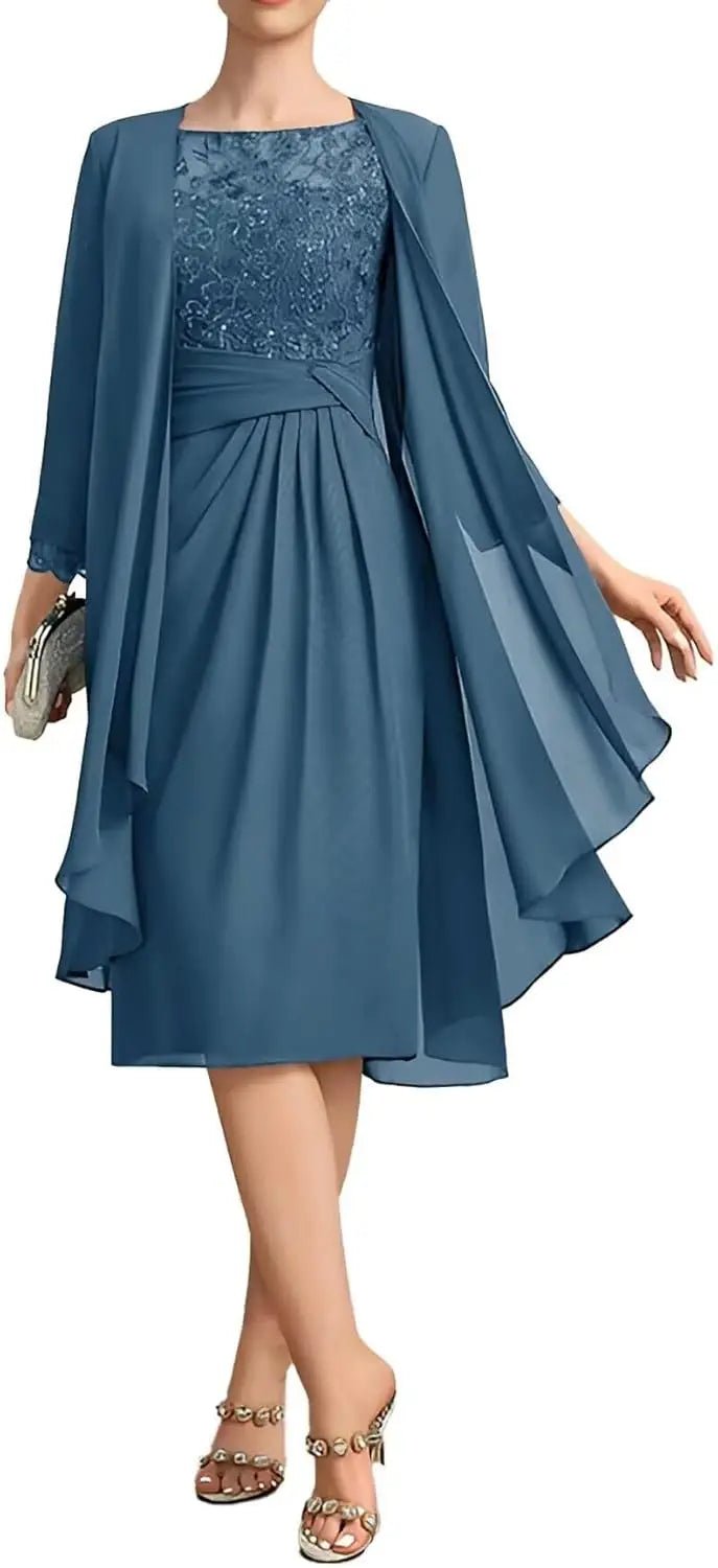Two-Piece Chiffon Lace Tea-Length Mother of the Bride Dress - Luzilly Bridal & Apparel