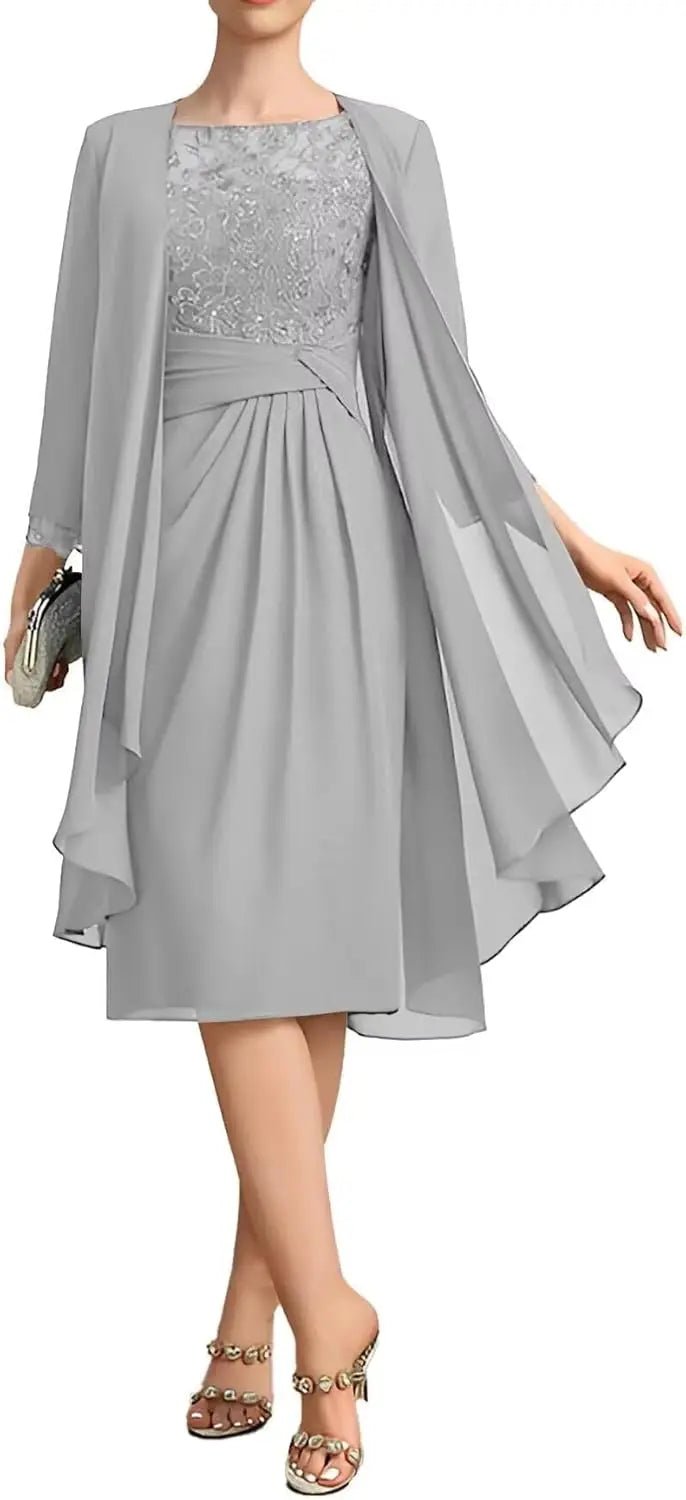 Two-Piece Chiffon Lace Tea-Length Mother of the Bride Dress - Luzilly Bridal & Apparel