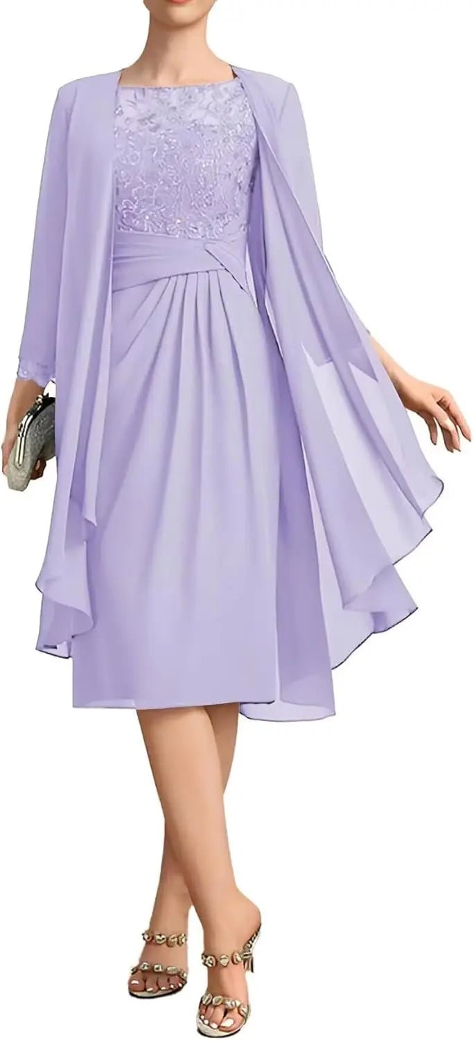 Two-Piece Chiffon Lace Tea-Length Mother of the Bride Dress - Luzilly Bridal & Apparel