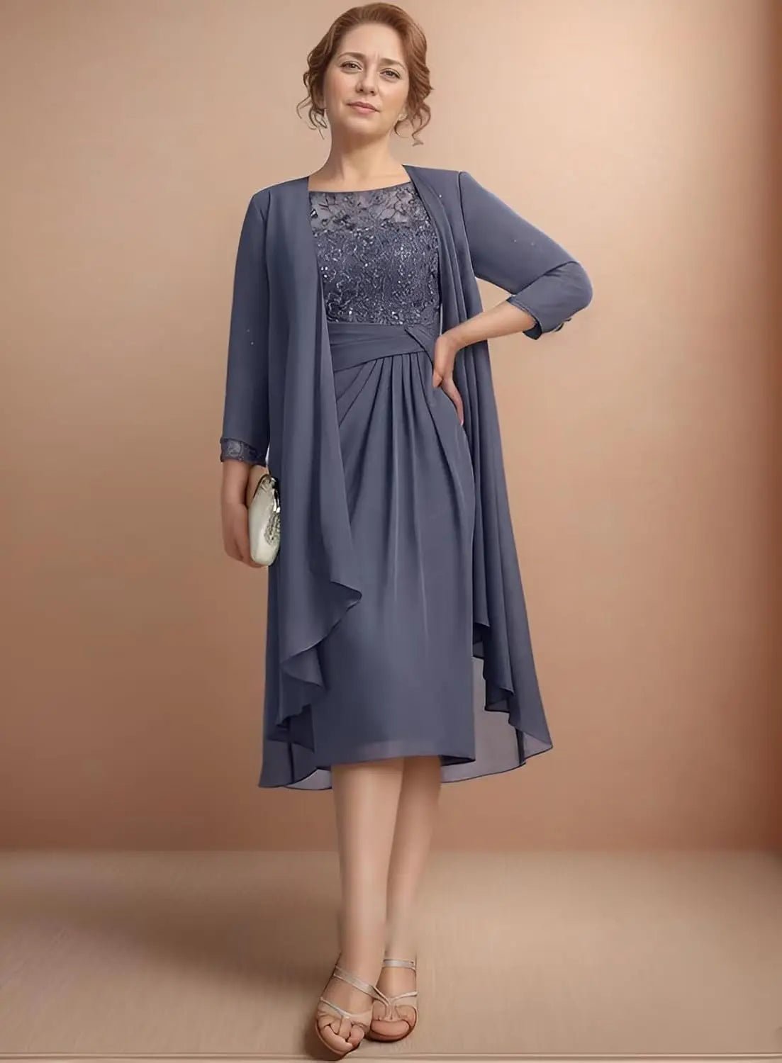 Two-Piece Chiffon Lace Tea-Length Mother of the Bride Dress - Luzilly Bridal & Apparel