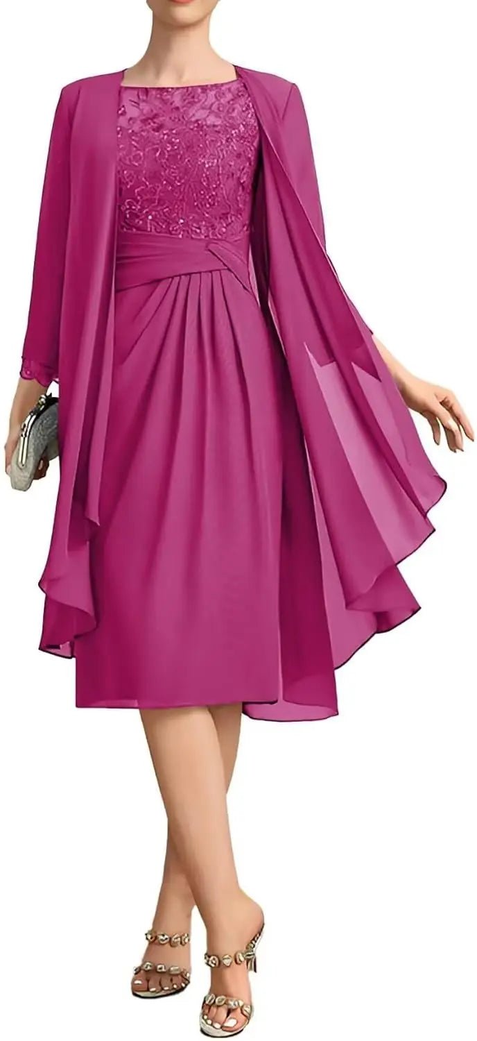 Two-Piece Chiffon Lace Tea-Length Mother of the Bride Dress - Luzilly Bridal & Apparel