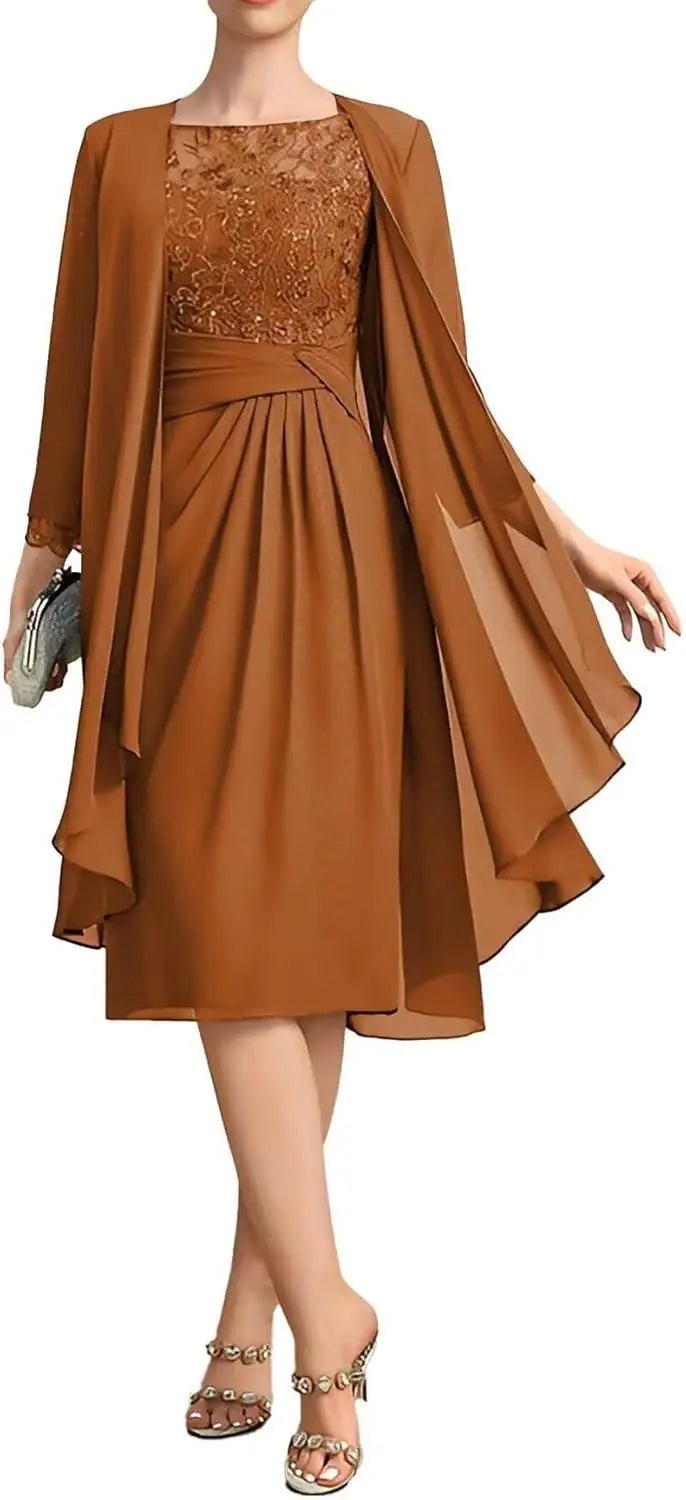 Two-Piece Chiffon Lace Tea-Length Mother of the Bride Dress - Luzilly Bridal & Apparel