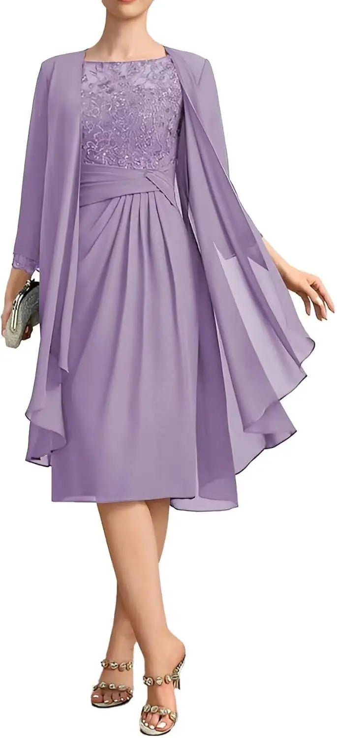 Two-Piece Chiffon Lace Tea-Length Mother of the Bride Dress - Luzilly Bridal & Apparel