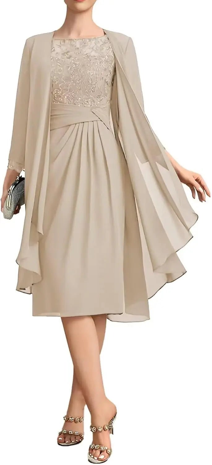 Two-Piece Chiffon Lace Tea-Length Mother of the Bride Dress - Luzilly Bridal & Apparel