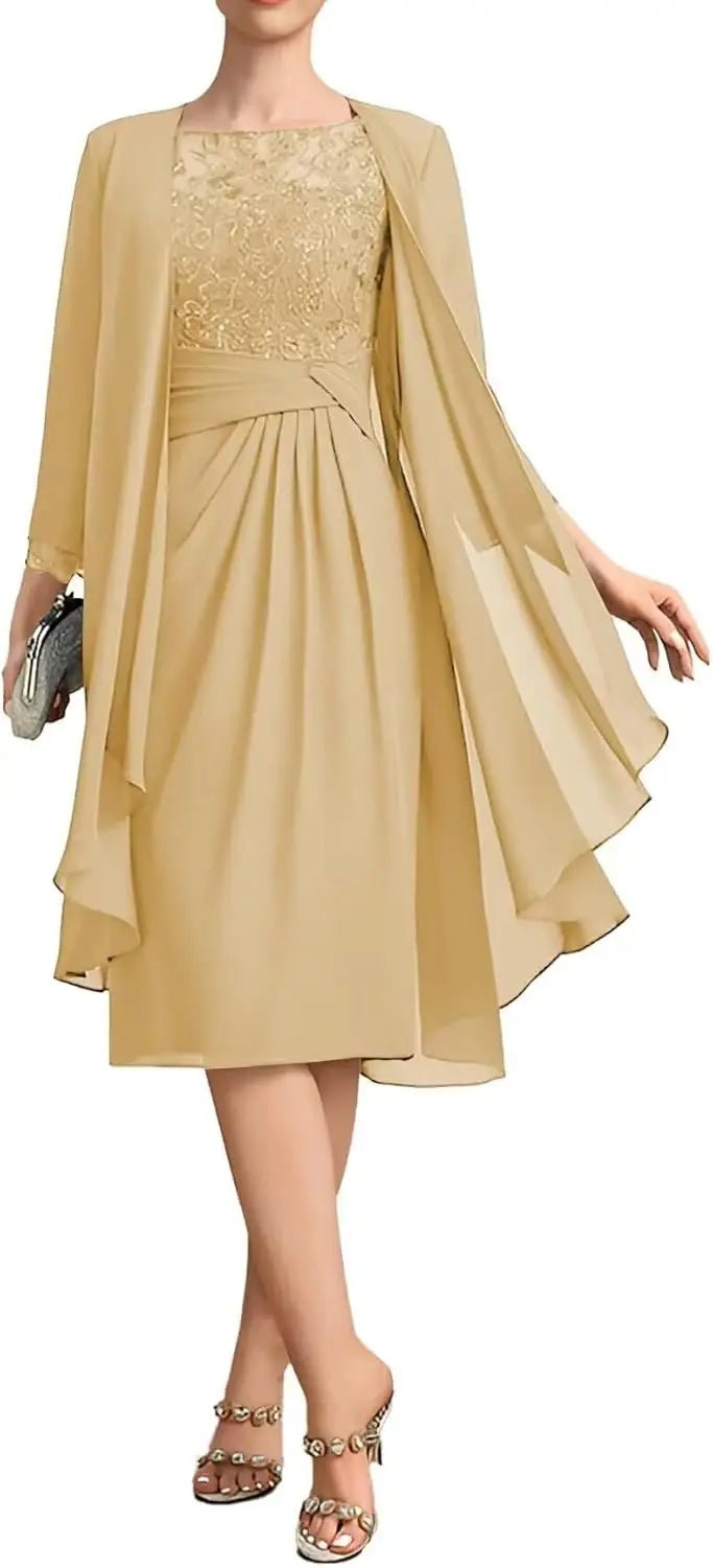 Two-Piece Chiffon Lace Tea-Length Mother of the Bride Dress - Luzilly Bridal & Apparel