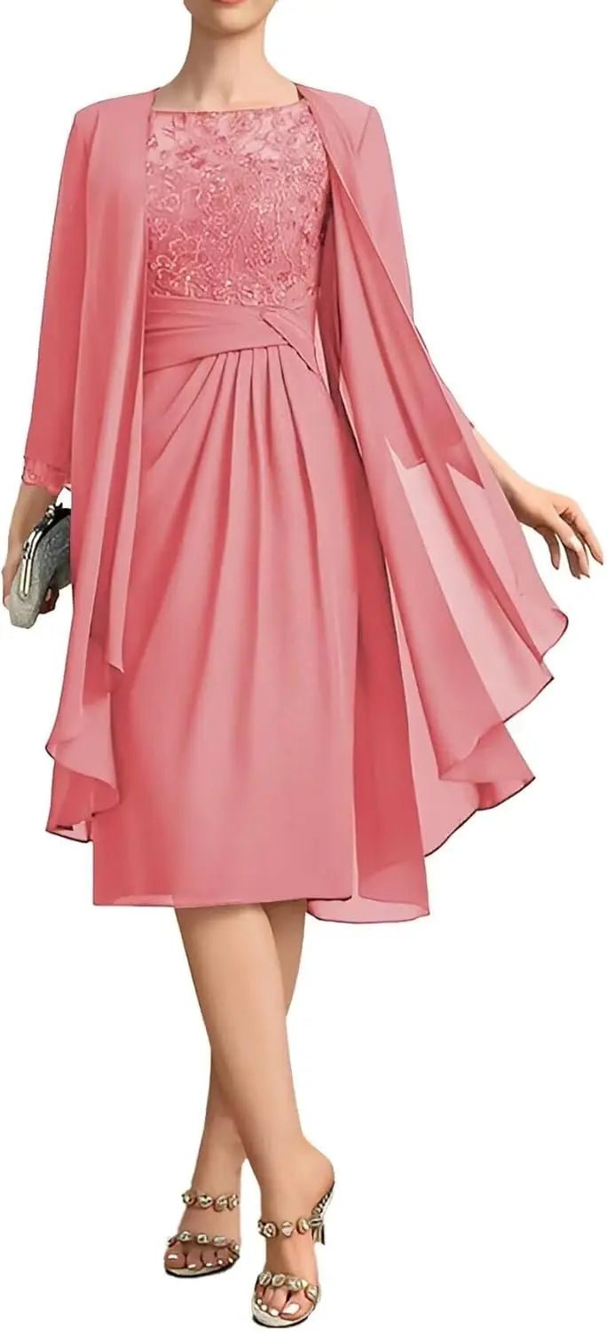 Two-Piece Chiffon Lace Tea-Length Mother of the Bride Dress - Luzilly Bridal & Apparel