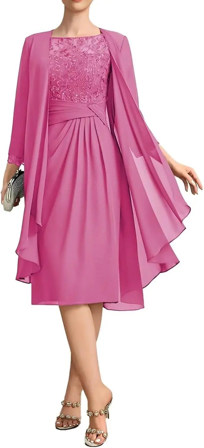 Two-Piece Chiffon Lace Tea-Length Mother of the Bride Dress - Luzilly Bridal & Apparel