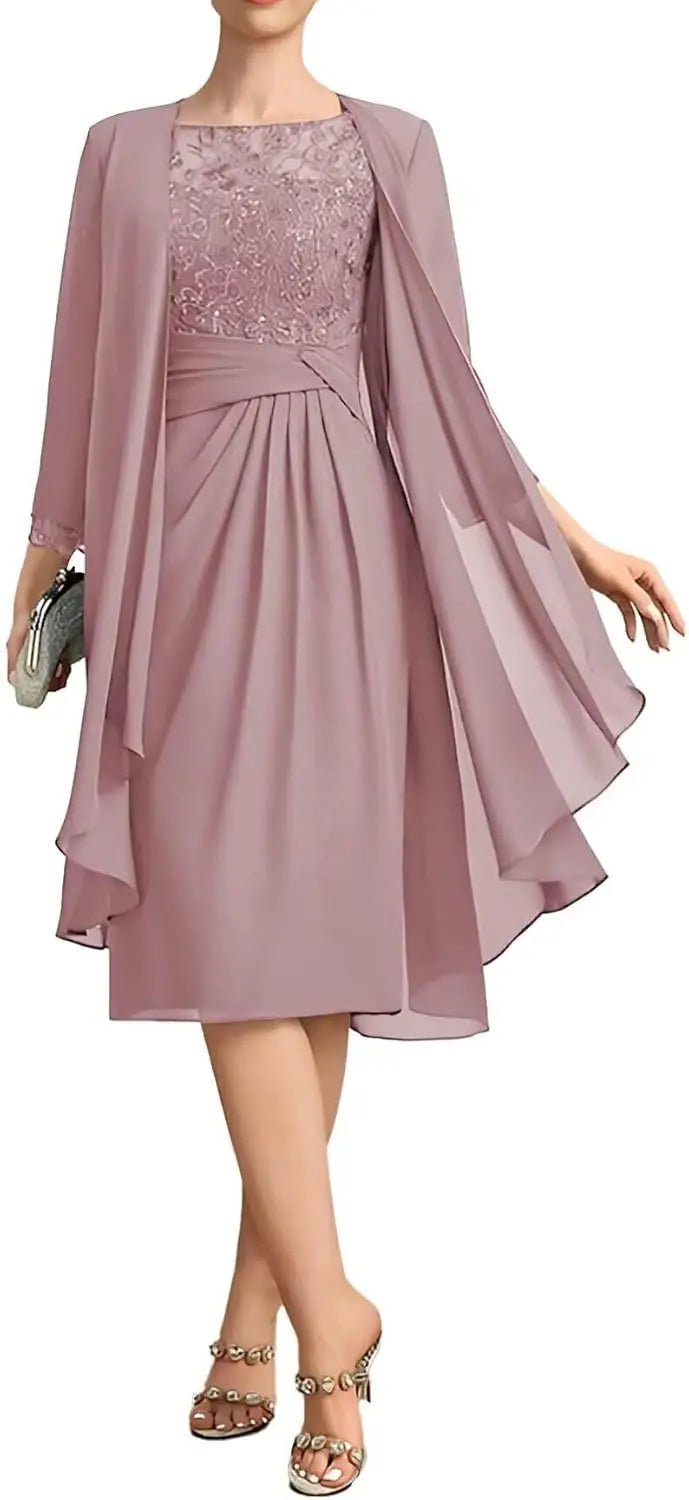 Two-Piece Chiffon Lace Tea-Length Mother of the Bride Dress - Luzilly Bridal & Apparel