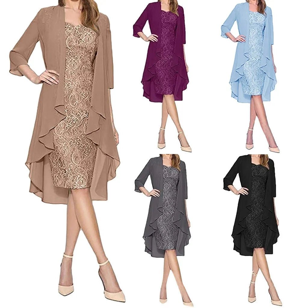 Two-Piece Lace Half-Sleeve Midi Mother of the Bride Dress - Luzilly Bridal & Apparel