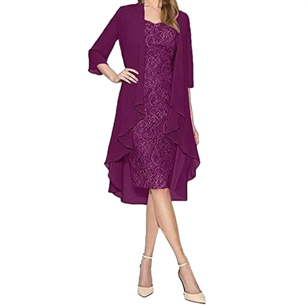 Two-Piece Lace Half-Sleeve Midi Mother of the Bride Dress - Luzilly Bridal & Apparel