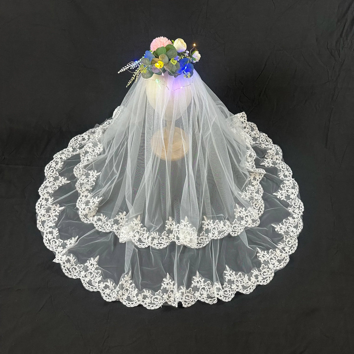 Two-Tier Beaded Lace-Edge Bridal Veil with Comb - Luzilly Bridal & Apparel