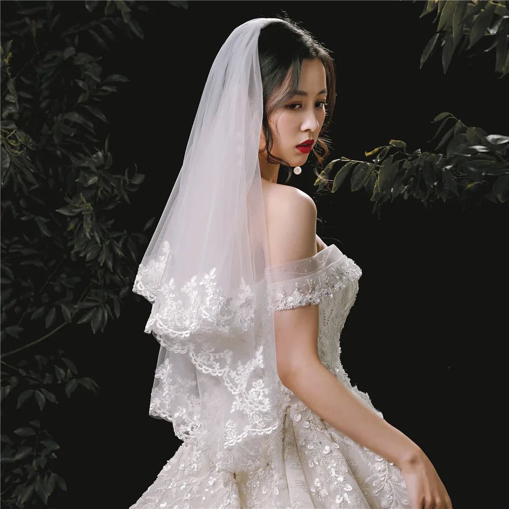Two-Tier Beaded Lace-Edge Bridal Veil with Comb - Luzilly Bridal & Apparel