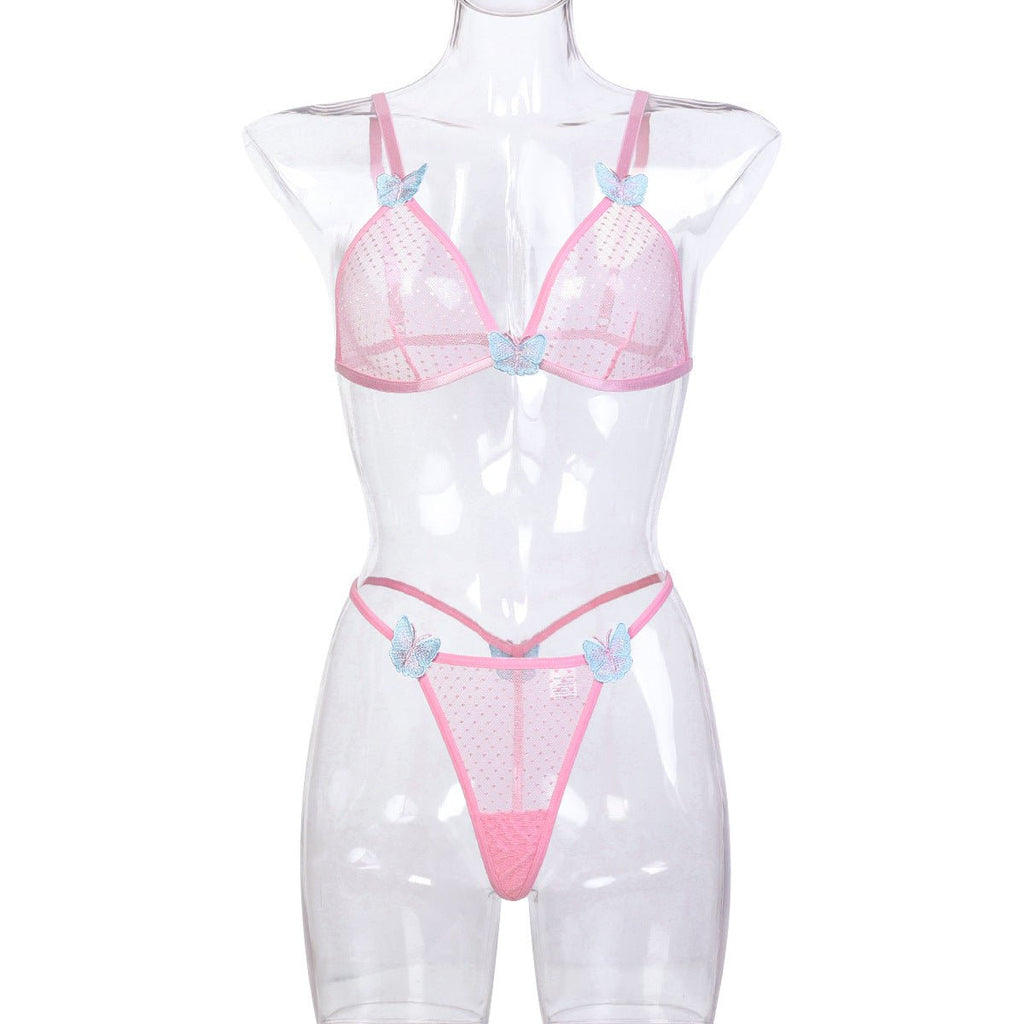 Underwear Pink Two Piece Butterfly Three Dimensional Embroidery Sexy Lingerie - Luzilly Bridal & Apparel