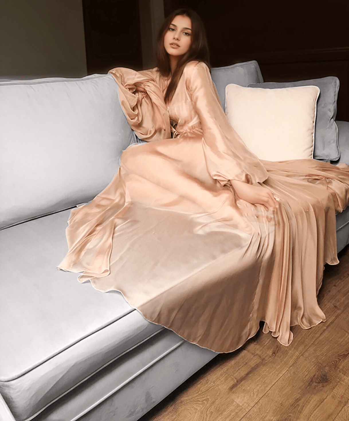 Unique Silky Shiny Crinkle Chiffon long Lingerie Robe dress - Luzilly Bridal & Apparel